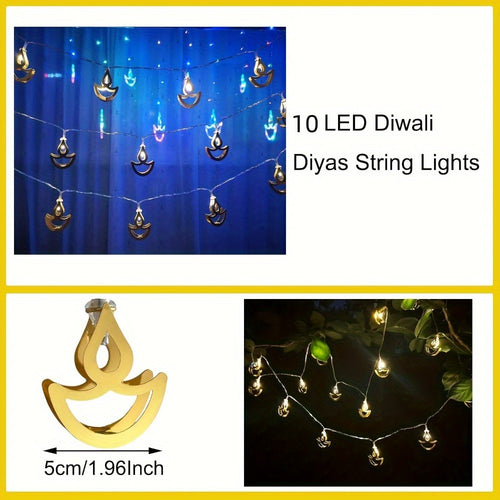 10 LED Diwali DIY String Lights - Festive Indian Festival Decorations - Battery-Free - Metallic Design - Suitable for Diwali, Weddings, Parties, and Home Decoration - 64.96inch Length