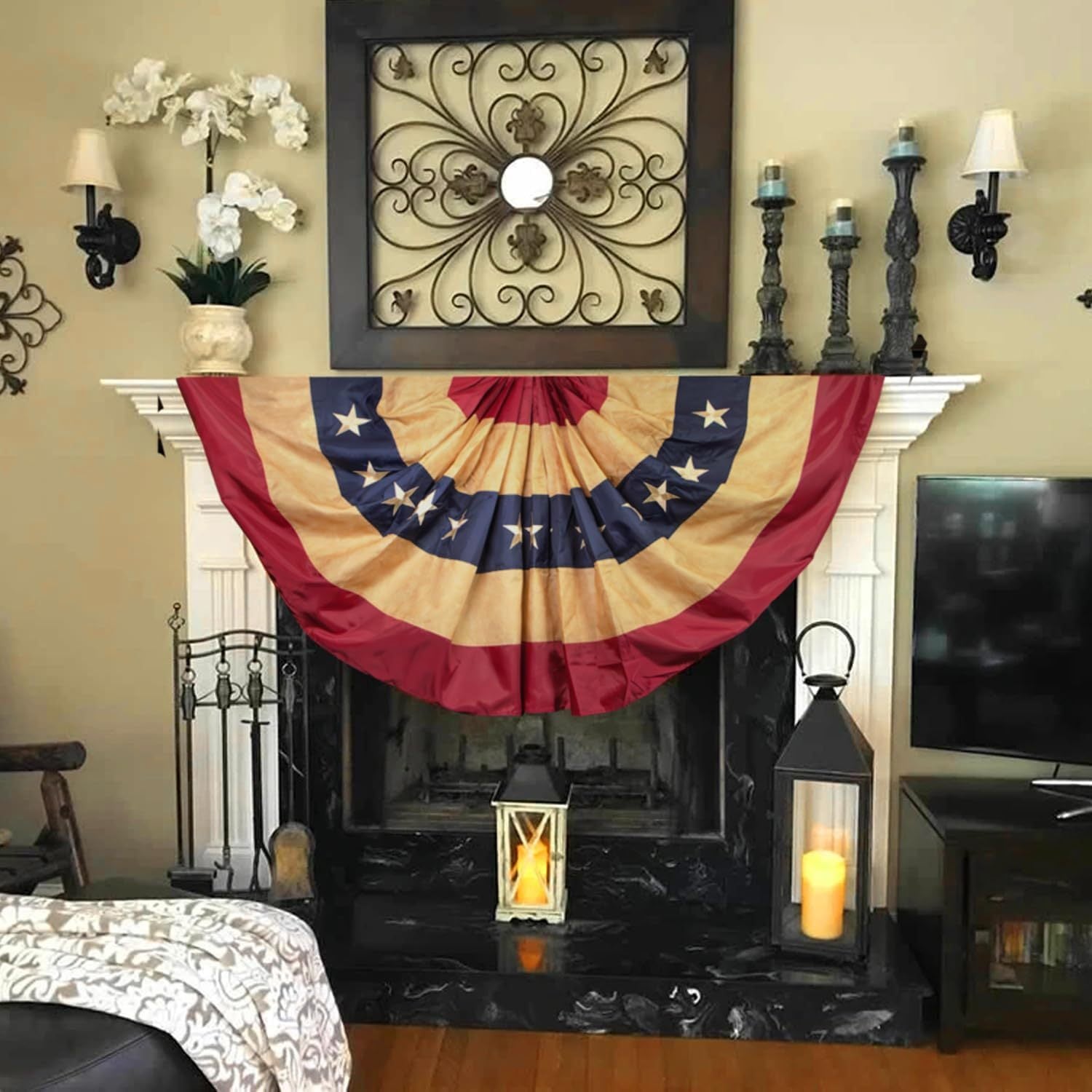 2 Pack Vintage Style Tea Stained USA Pleated Fan Flag 1.5x3 Foot - Embroidered Stars and Sewn Stripes - 4 Rows of Lock Stitching - Antiqued USA Pleated Fan Flags with Brass Grommets 1.5 X 3ft