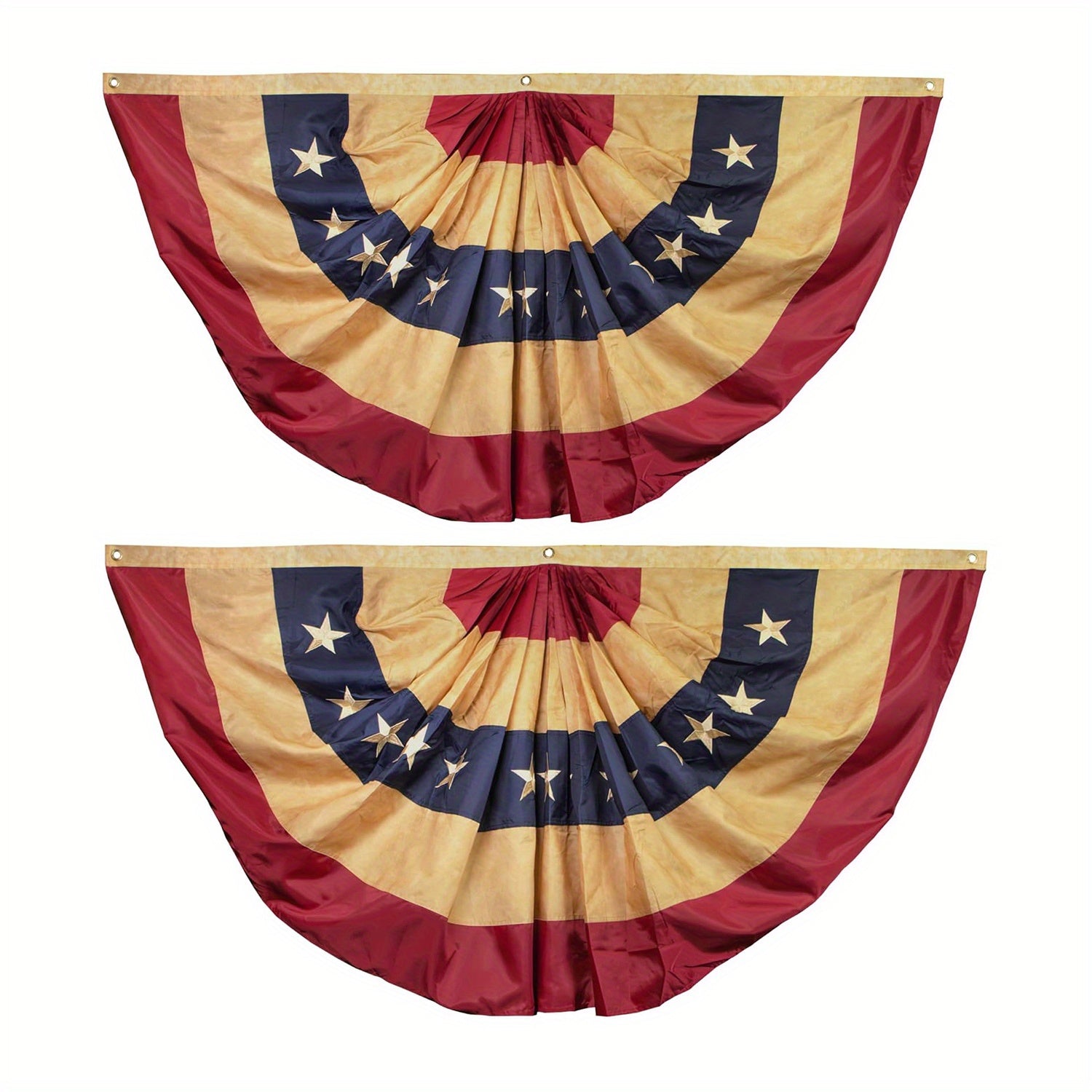 2 Pack Vintage Style Tea Stained USA Pleated Fan Flag 1.5x3 Foot - Embroidered Stars and Sewn Stripes - 4 Rows of Lock Stitching - Antiqued USA Pleated Fan Flags with Brass Grommets 1.5 X 3ft