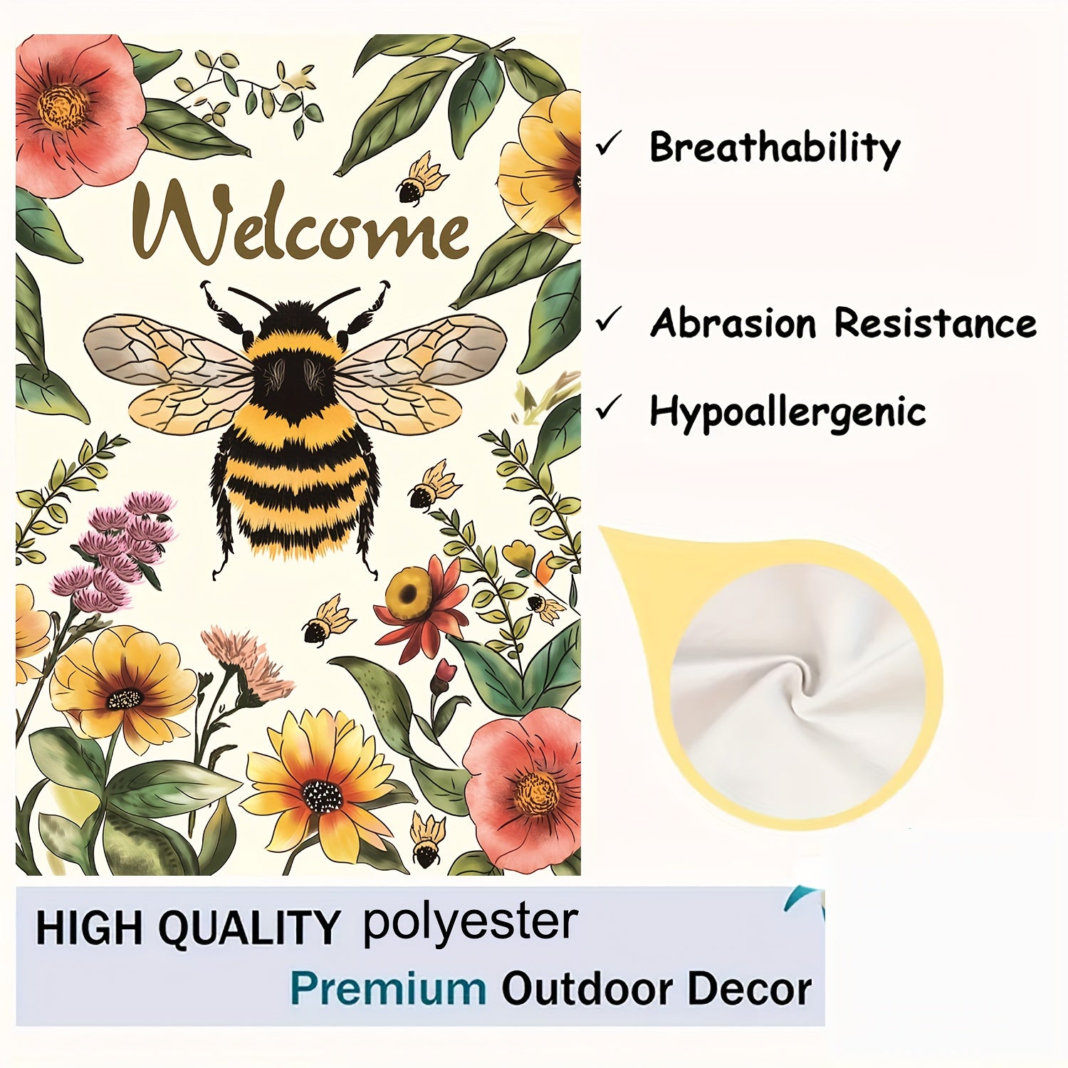 1pc, Bee Welcome Garden Flag, Village Yard Flower Floral Garden Flag, 12×18in\u002F30×45cm Fun Small Seasonal House Flag, Spring Summer Home Decor, Fall Outdoor Decor, Yard Decor, Garden Decor