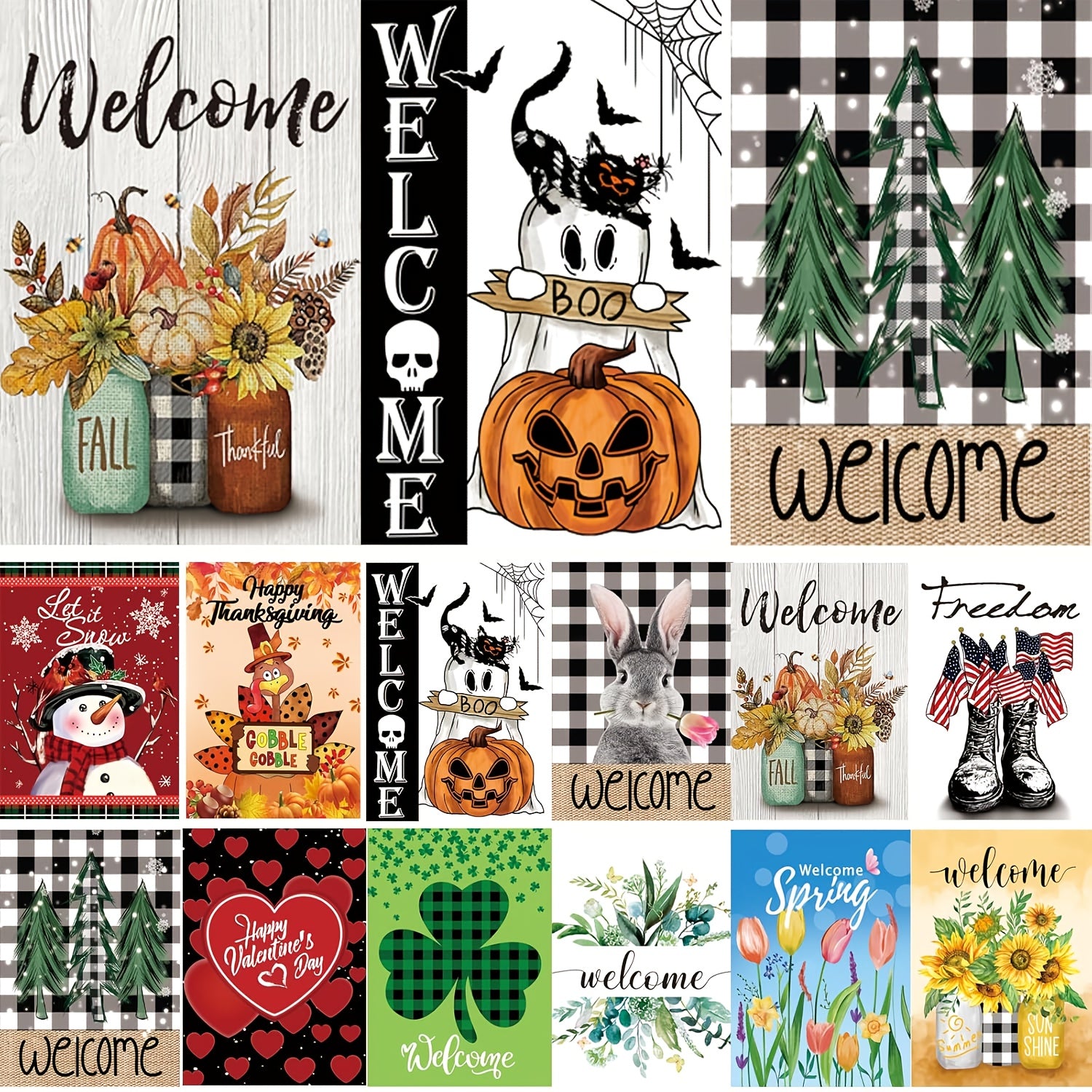 Seasonal Garden Flags Set of 12, Double-Sided Printed 12 x 18 Inches (30 x 45cm) Yard Flags, Outdoor Small Garden Flags, Autumn Winter Halloween Christmas Outdoor Flags, Four Seasons Holiday Garden Flags