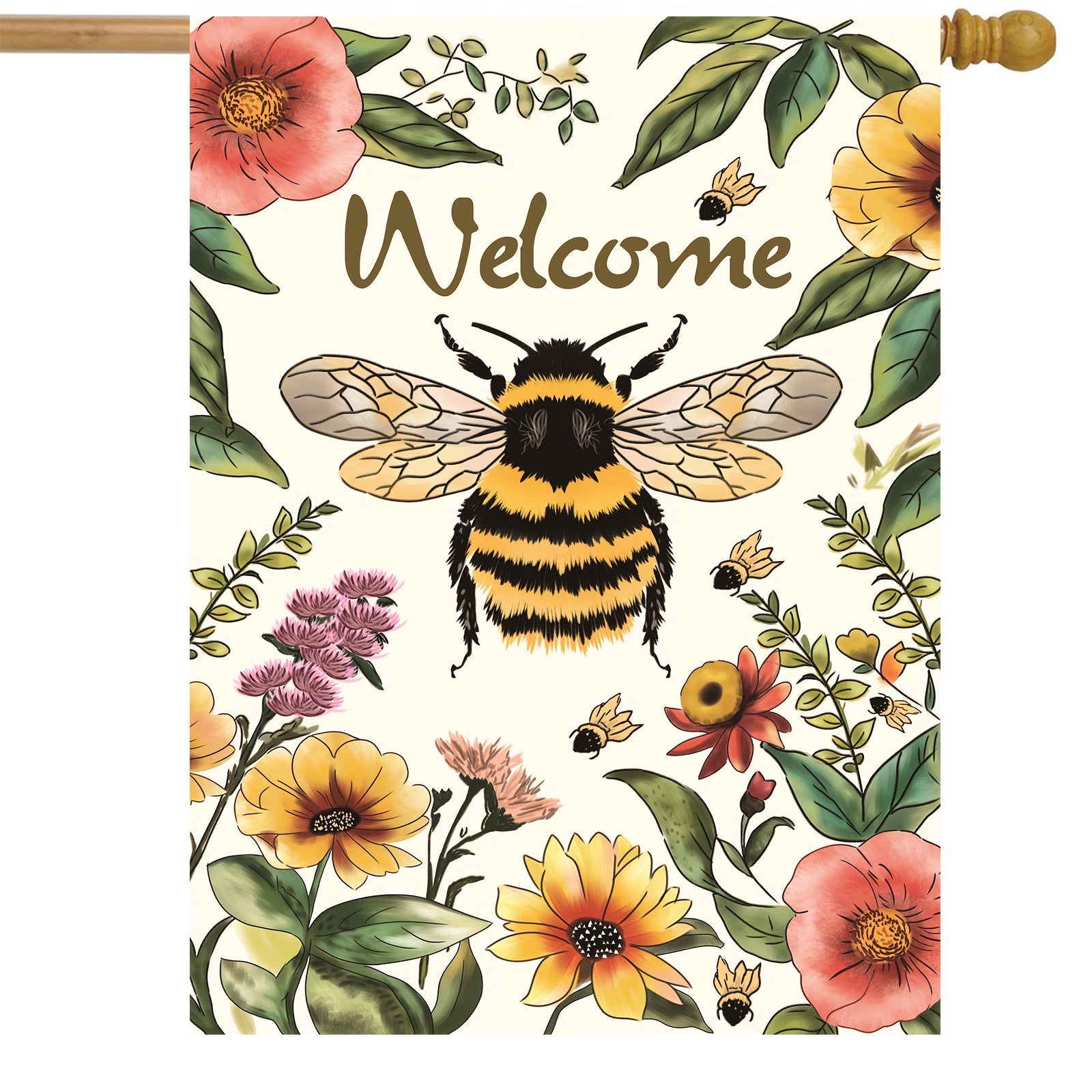 1pc, Bee Welcome Garden Flag, Village Yard Flower Floral Garden Flag, 12×18in\u002F30×45cm Fun Small Seasonal House Flag, Spring Summer Home Decor, Fall Outdoor Decor, Yard Decor, Garden Decor