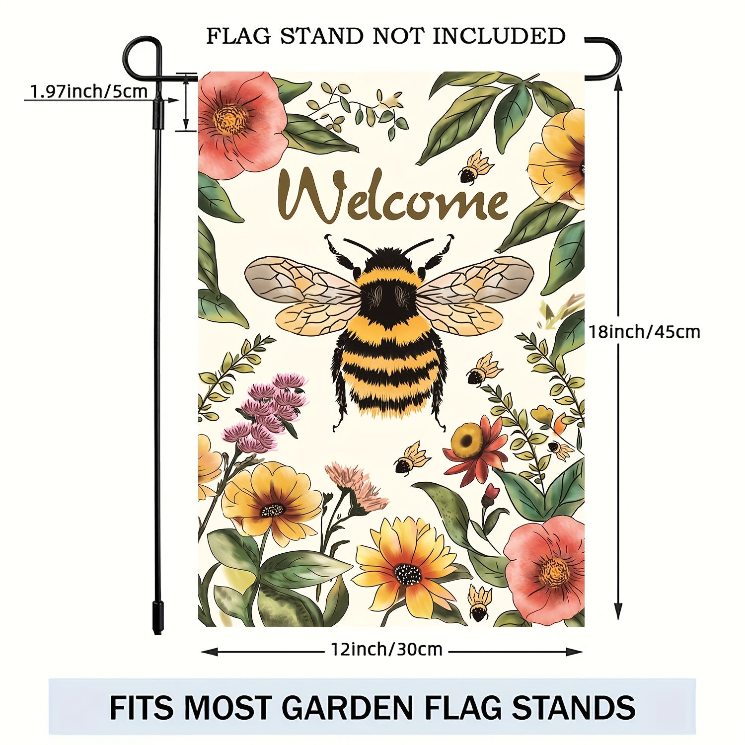 1pc, Bee Welcome Garden Flag, Village Yard Flower Floral Garden Flag, 12×18in\u002F30×45cm Fun Small Seasonal House Flag, Spring Summer Home Decor, Fall Outdoor Decor, Yard Decor, Garden Decor