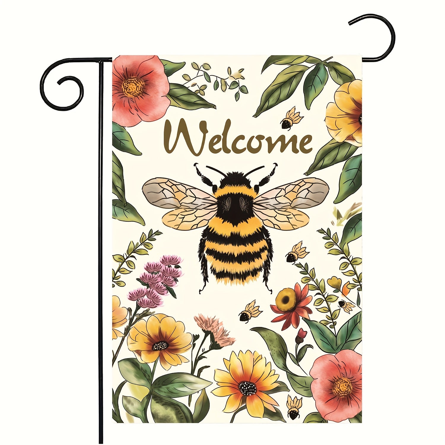 1pc, Bee Welcome Garden Flag, Village Yard Flower Floral Garden Flag, 12×18in\u002F30×45cm Fun Small Seasonal House Flag, Spring Summer Home Decor, Fall Outdoor Decor, Yard Decor, Garden Decor