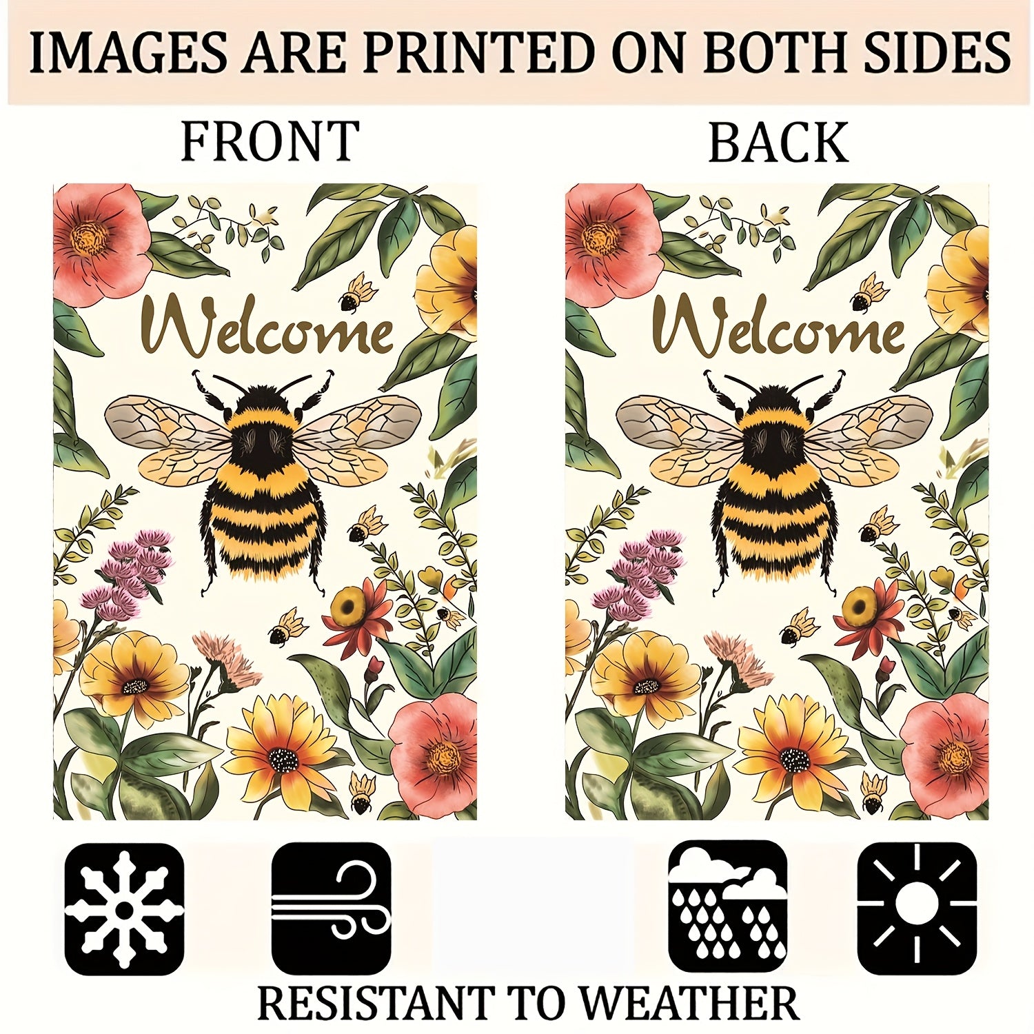 1pc, Bee Welcome Garden Flag, Village Yard Flower Floral Garden Flag, 12×18in\u002F30×45cm Fun Small Seasonal House Flag, Spring Summer Home Decor, Fall Outdoor Decor, Yard Decor, Garden Decor