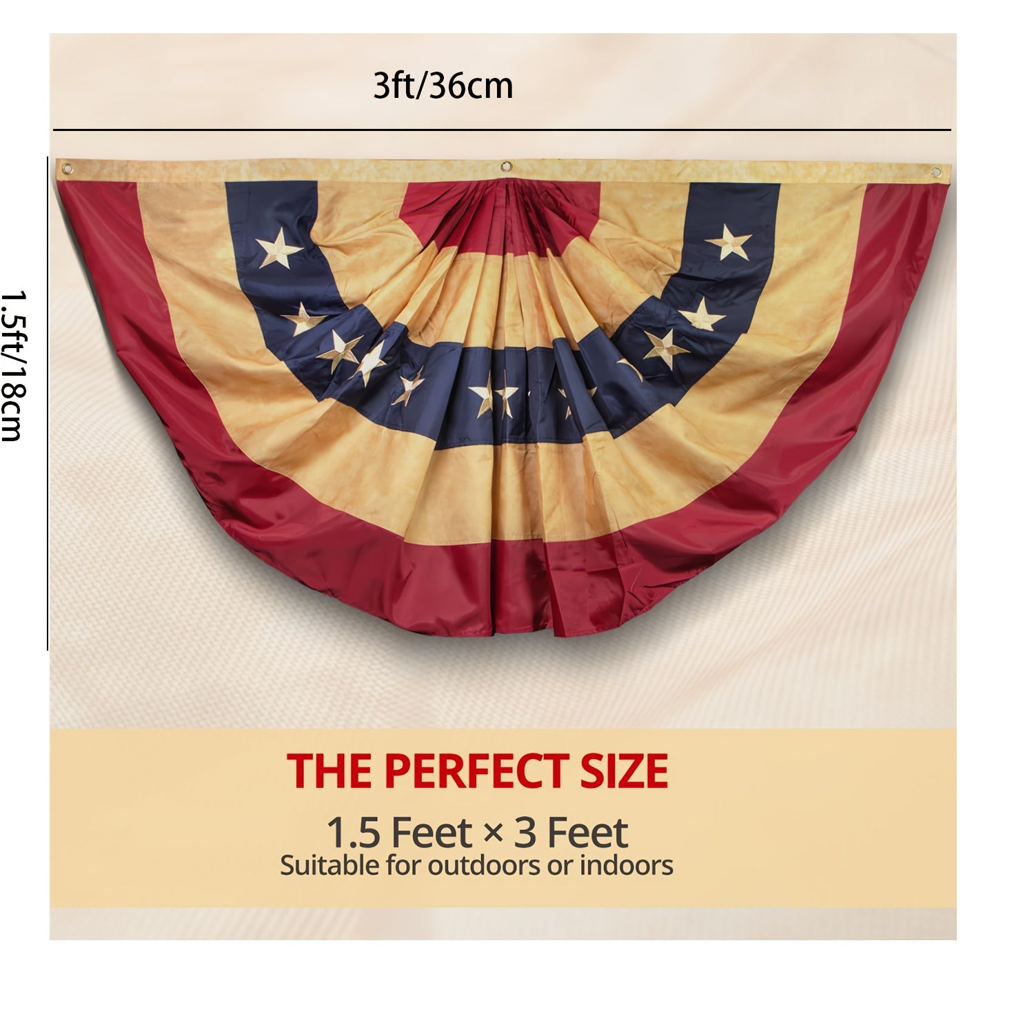 2 Pack Vintage Style Tea Stained USA Pleated Fan Flag 1.5x3 Foot - Embroidered Stars and Sewn Stripes - 4 Rows of Lock Stitching - Antiqued USA Pleated Fan Flags with Brass Grommets 1.5 X 3ft